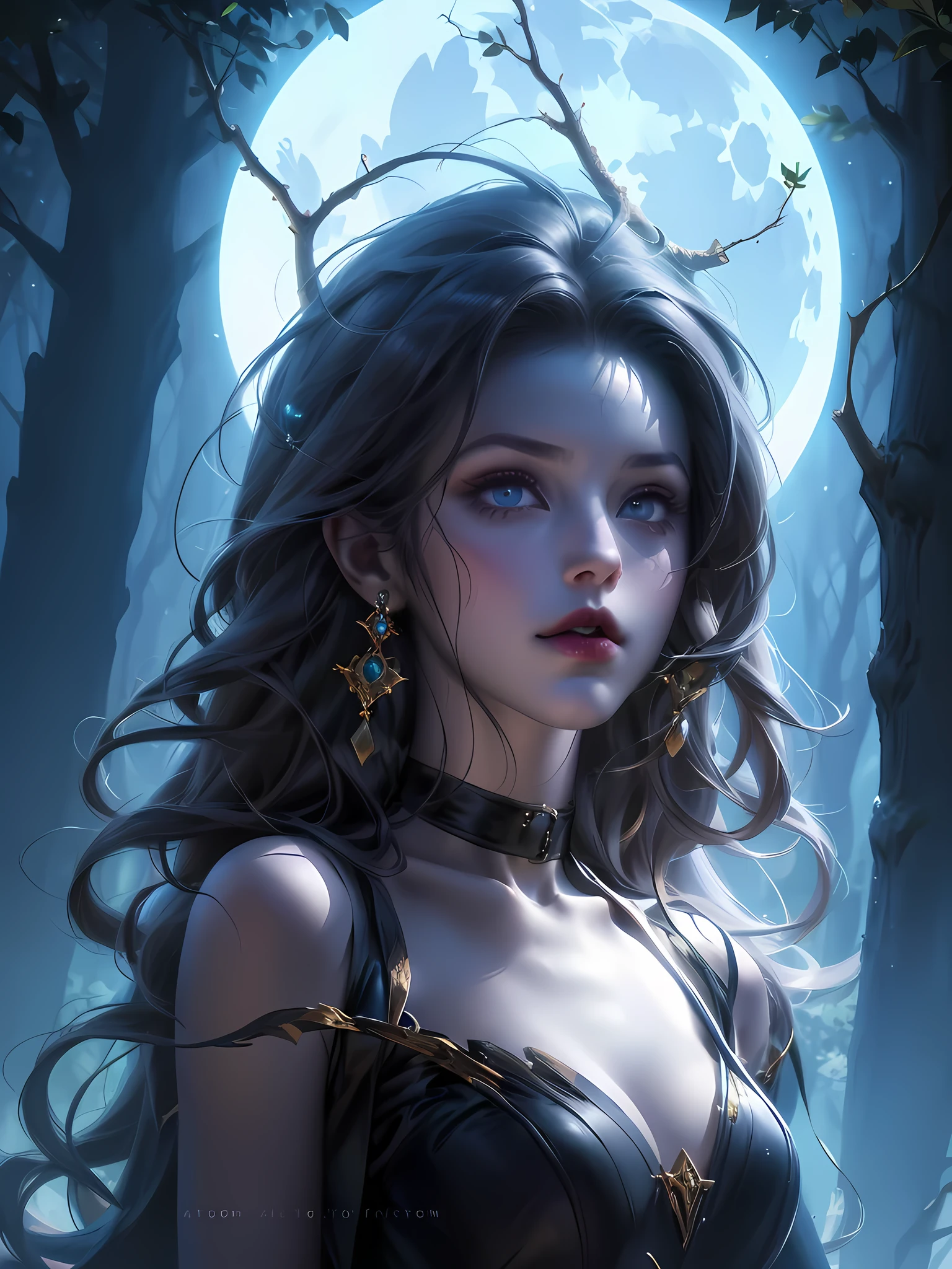 A forest witch detailed beautiful(The forest witch should have a wild, untamed appearance, with long, flowing hair and dark, piercing eyes. Her clothing should be made of natural materials, such as animal skins or leaves, and adorned with symbols of nature and magic), a full moon glowing behind her., The surrounding forest should be dense and mysterious, with gnarled trees and twisting vines that seem to reach out and grasp at the witch, masterpiece, high detailed face, Global illumination, real hair movement, best quality, Sharp Focus, (32k resolution, UHD, HDR)(Kodak gold 200, Portra 400, fujifilm superia), Canon R3,Hasselblad,IMAX, (Canon EF70-200mm f2.8 IS III USM) ((prominent heavy shadows)) (lunar ray time) (octane render:0.), vibrant colors, soft lighting, natural light, photo realistic, photorealism, 8k, RAW photo, highest quality, masterpiece, ultra-high resolution
