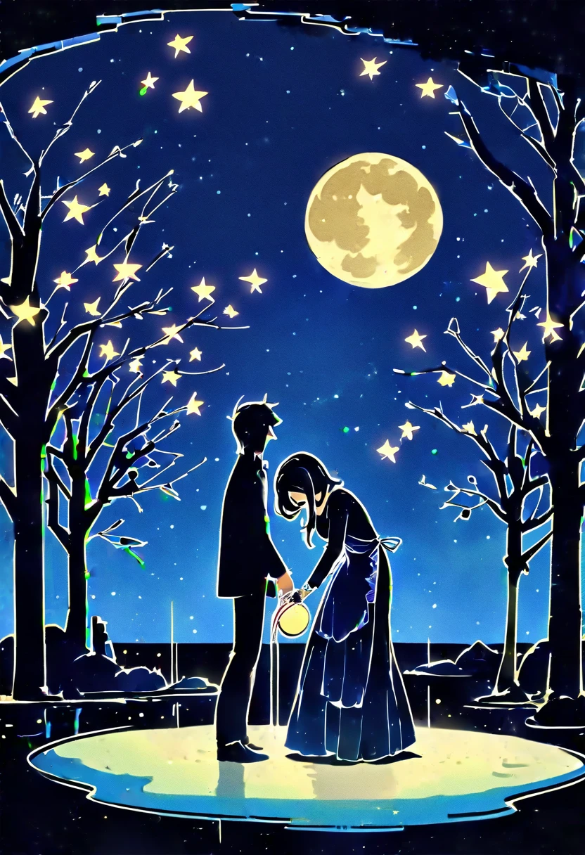 (best quality, high resolution, watercolor, Create a peaceful night scene,, An island of tranquility, Reflecting Lake. There should be a leafy tree on the island, Position slightly off center. The branches should be slightly bent, Some leaves gently fall, adding to the serene ambiance.under the tree, depict a Romantic moment between a couple. Men should kneel down, Take out a ring or small object, Like a marriage proposal. Women should stand before him, Lean forward slightly, May accept the offer. Their figures should be outlines, Contrast with bright background.The night sky should be clear,Full of twinkling stars. Large scale, A bright full moon will dominate the scene, positioned behind Couple and the tree, Casting Soft, A blue light hangs over everything. Moonlight should create long-lasting, Soft reflections of trees, Couple, And islands on the water.Right side of the island, Includes a small wooden rowing boat, Floating on calm waters. The boat should also have an outline, There is a slight reflection on the water.The overall color tone should be mainly dark blue and black, The moon brings soft, The ethereal light that illuminates the entire scene. The atmosphere should be calm, Romantic, A bit mysterious, Focus on the stillness and intimacy of the present moment