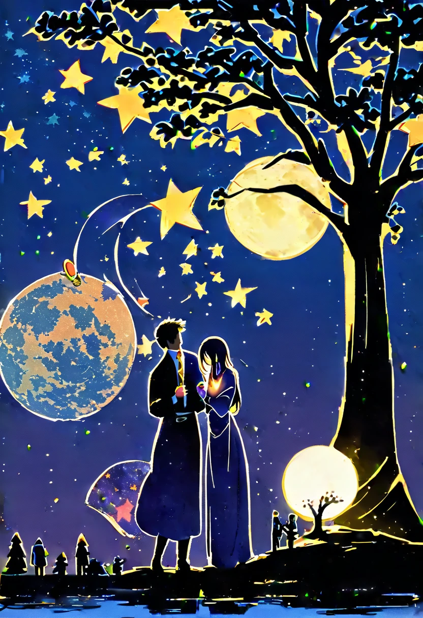 (best quality, high resolution, watercolor, Create a peaceful night scene，, An island of tranquility, Reflecting Lake. There should be a leafy tree on the island, Position slightly off center. The branches should be slightly bent, Some leaves gently fall, adding to the serene ambiance.under the tree, depict a Romantic moment between a couple. Men should kneel down, Take out a ring or small object, Like a marriage proposal. Women should stand before him, Lean forward slightly, May accept the offer. Their figures should be outlines, Contrast with bright background.The night sky should be clear，Full of twinkling stars. Large scale, A bright full moon will dominate the scene, positioned behind Couple and the tree, Casting Soft, A blue light hangs over everything. Moonlight should create long-lasting, Soft reflections of trees, Couple, And islands on the water.Right side of the island, Includes a small wooden rowing boat, Floating on calm waters. The boat should also have an outline, There is a slight reflection on the water.The overall color tone should be mainly dark blue and black, The moon brings soft, The ethereal light that illuminates the entire scene. The atmosphere should be calm, Romantic, A bit mysterious, Focus on the stillness and intimacy of the present moment