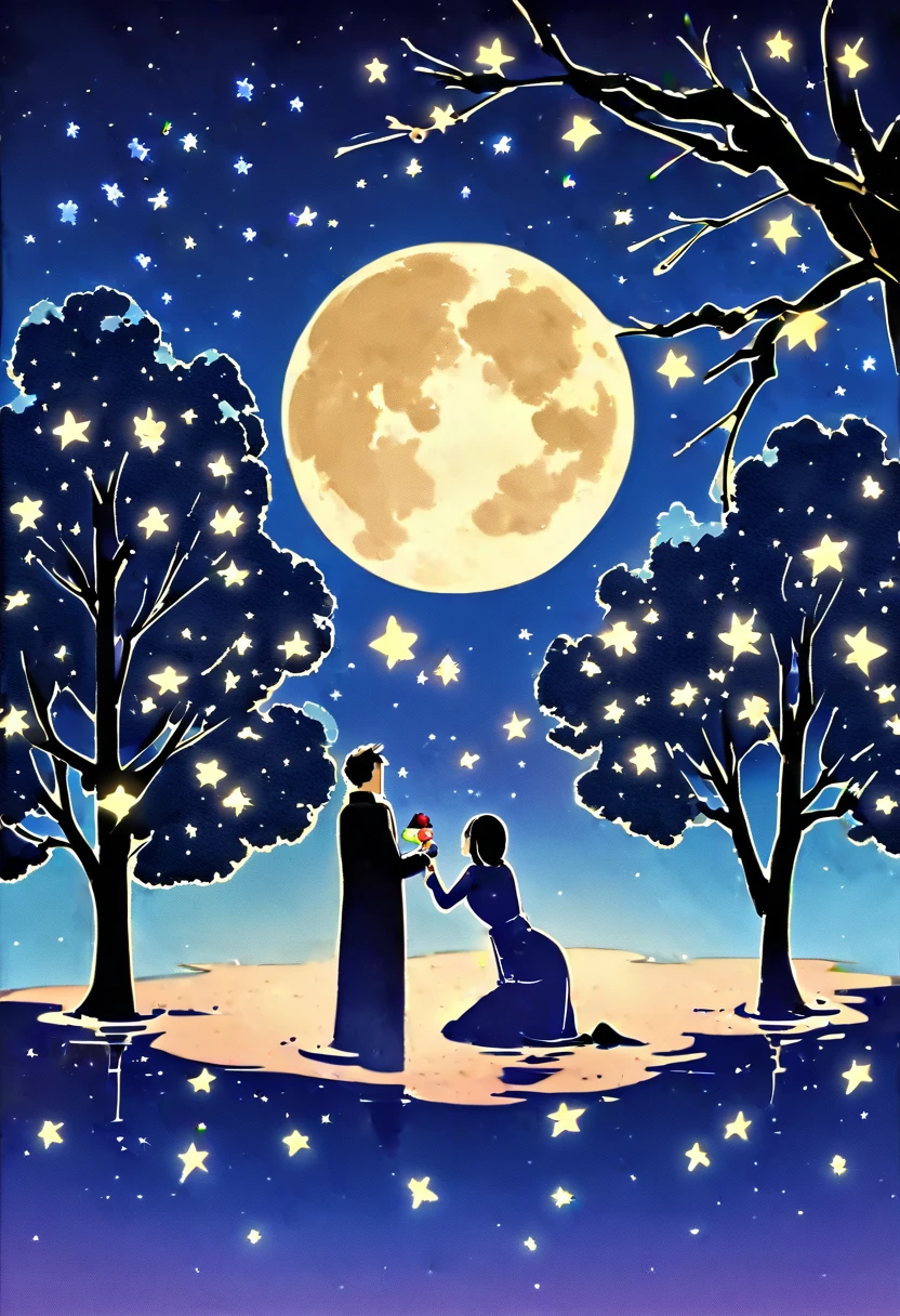 (best quality, high resolution, watercolor, Create a peaceful night scene,, An island of tranquility, Reflecting Lake. There should be a leafy tree on the island, Position slightly off center. The branches should be slightly bent, Some leaves gently fall, adding to the serene ambiance.under the tree, depict a Romantic moment between a couple. Men should kneel down, Take out a ring or small object, Like a marriage proposal. Women should stand before him, Lean forward slightly, May accept the offer. Their figures should be outlines, Contrast with bright background.The night sky should be clear,Full of ling stars. Large scale, A bright full moon will domine scene, positioned behind Couple and the tree, Casting Soft, A blue light hangs over everything. Moonlight should create long-lasting, Soft reflections of trees, Couple, And islands on the water.Right side of the island, Includes a small wooden rowing boat, Floating on calm waters. The boat should also have an outline, There is a slight reflection on the water.The overall color tone should be mainly dark blue and black, The moon brings soft, The ethereal light that illuminates the entire scene. The atmosphere should be calm, Romantic, A bit mysterious, Focus on the stillness and intimacy of the present moment