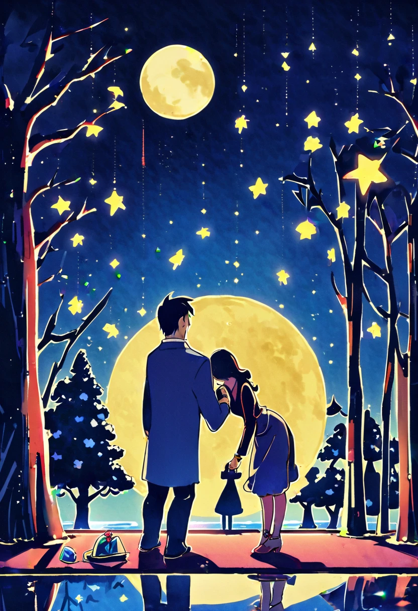 (best quality, high resolution, watercolor, Create a peaceful night scene，, An island of tranquility, Reflecting Lake. There should be a leafy tree on the island, Position slightly off center. The branches should be slightly bent, Some leaves gently fall, adding to the serene ambiance.under the tree, depict a Romantic moment between a couple. Men should kneel down, Take out a ring or small object, Like a marriage proposal. Women should stand before him, Lean forward slightly, May accept the offer. Their figures should be outlines, Contrast with bright background.The night sky should be clear，Full of twinkling stars. Large scale, A bright full moon will dominate the scene, positioned behind Couple and the tree, Casting Soft, A blue light hangs over everything. Moonlight should create long-lasting, Soft reflections of trees, Couple, And islands on the water.Right side of the island, Includes a small wooden rowing boat, Floating on calm waters. The boat should also have an outline, There is a slight reflection on the water.The overall color tone should be mainly dark blue and black, The moon brings soft, The ethereal light that illuminates the entire scene. The atmosphere should be calm, Romantic, A bit mysterious, Focus on the stillness and intimacy of the present moment
