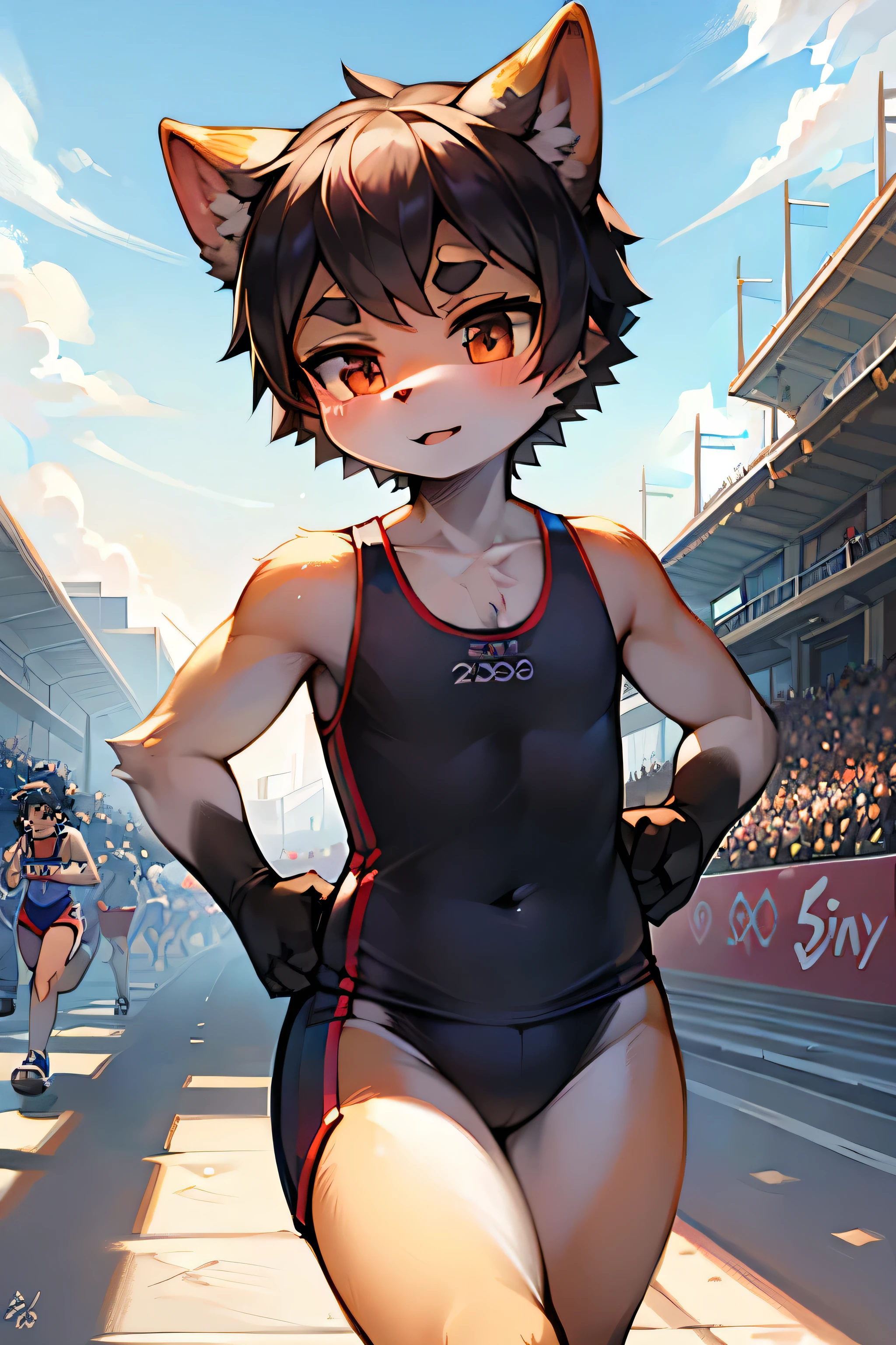 dog,Singlets,runner,cute,girl,Olympic,running,Finish,masterpiece,best quality,super fine illustration,super detailed,Black Hair,short hair,Thick eyebrows