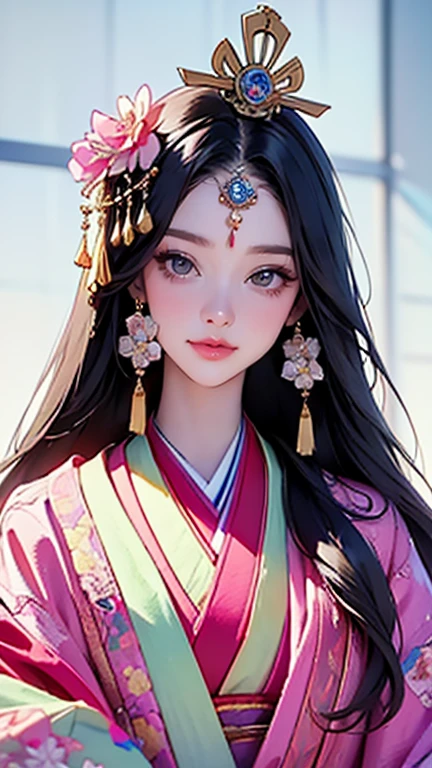(Highest quality、 8k 、masterpiece、High resolution)、Heian period、A beautiful young woman from the nobility、、(Straight hair、Long, beautiful black hair),(Beautiful Face、Beautiful eyes、A neat nose、Pretty lips)、A friendly gaze、Faint smile、(Silver、gem、Ivory hairpin、Headdress)、(12 Single layer kimono、Mainly light pink Many colors Vibrant colors The beauty of layered colors),背景はHeian periodの建物、Official Art、Detailed CG、