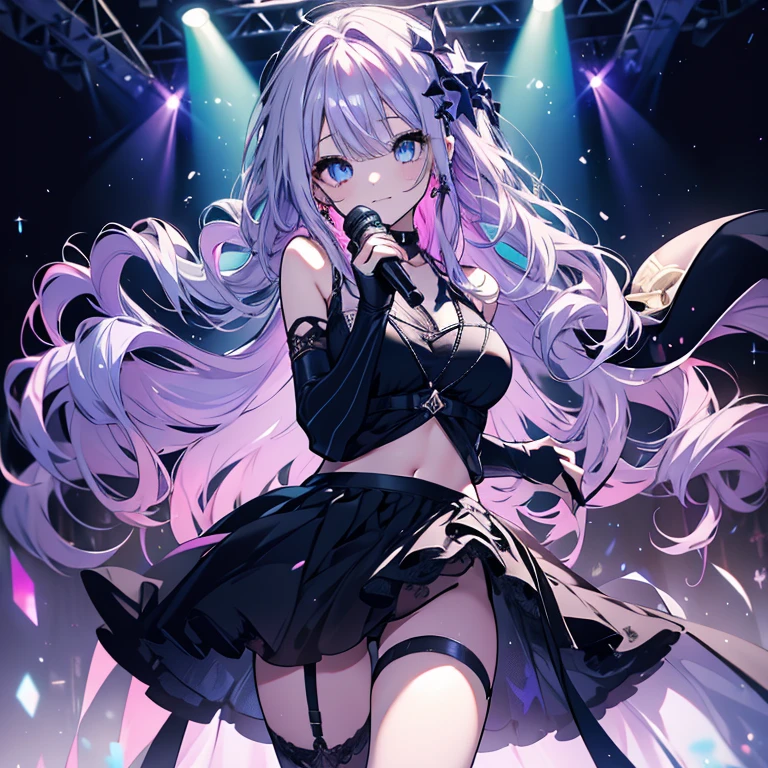 1 girl、Mature、Ample breasts、Long Hair、Blue Eyes、Light purple hair、Laugh seductively、Wavy Hair、Black Dress、Shoulder Bare、Belly button、Diva、Miniskirt、garter、Hold the microphone、sing、Live Stage、Spotlight、Starry Sky、Galaxy、High resolution、Highest quality