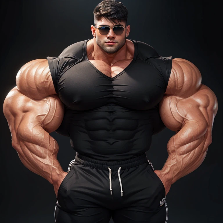 a very handsome young man, massively large, shirtless, black shorts, mid fade haircut, sunglasses, massively muscular, massively large muscles, massively large biceps, massively large arms, massively large shoulders, massively large chest, massively large and massively muscular body, massively large bulge, massively large bump, on a black background