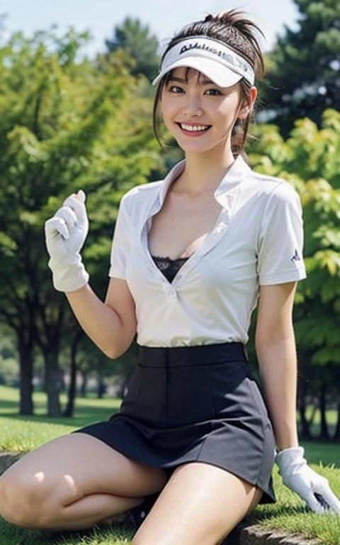 Highly detailed CG Unity 8K wallpapers, Highest quality, Very detailed, Tabletop, Realistic, photo-Realistic, Very detailedかわいい女性, 24-years-old,(short hair)、((Small breasts))、Cleavage ,(Golf Wear) , (golf mini skirt) , (Sitting), (Wearing golf gloves),Wear a sun visor,  ponytail,  ((The shape of the nipples is visible even through clothing))、、Realistic female hands、Audience,  blush, smile, I took a full body picture, Tight Golf Wear、stockings、Golf course、