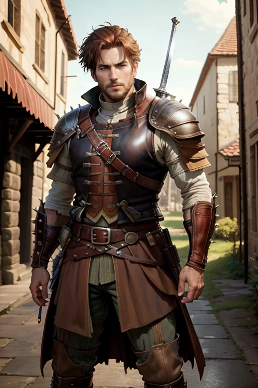 40 year old man with short spiky reddish brown hair, messy fringe hairstyle, medieval hunter clothing, brown eyes holding a sword muscular build, brown leather belt, brown leather belt boots, medieval city background with magic symbols