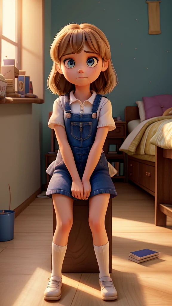 
A  sits in the corner of her room, her face etched with regret and sadness. She stares at the floor, her shoulders slumped, and her eyes downcast. The room is quiet, save for the soft sound of her sniffles. The light from the window casts long shadows on the wall behind her, and the overall atmosphere is one of somber reflection. 
