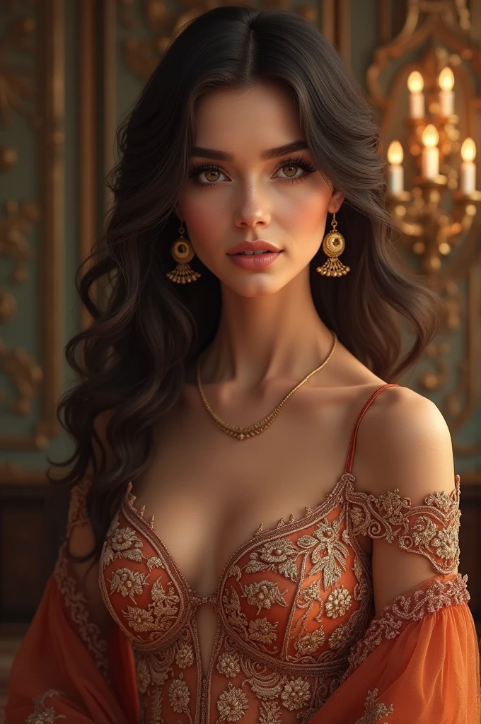 a highly detailed and realistic digital illustration of a beautiful, elegant woman with striking features, wearing an ornate, embroidered dress, set against a lavish, opulent background with intricate architectural elements, dramatic lighting, and a sense of grandeur and sophistication, (best quality,4k,8k,highres,masterpiece:1.2),ultra-detailed,(realistic,photorealistic,photo-realistic:1.37),detailed eyes,detailed lips,extremely detailed face,longeyelashes,1girl,elegant dress,ornate,embroidered,lavish background,intricate architecture,dramatic lighting,sophisticated,grandiose