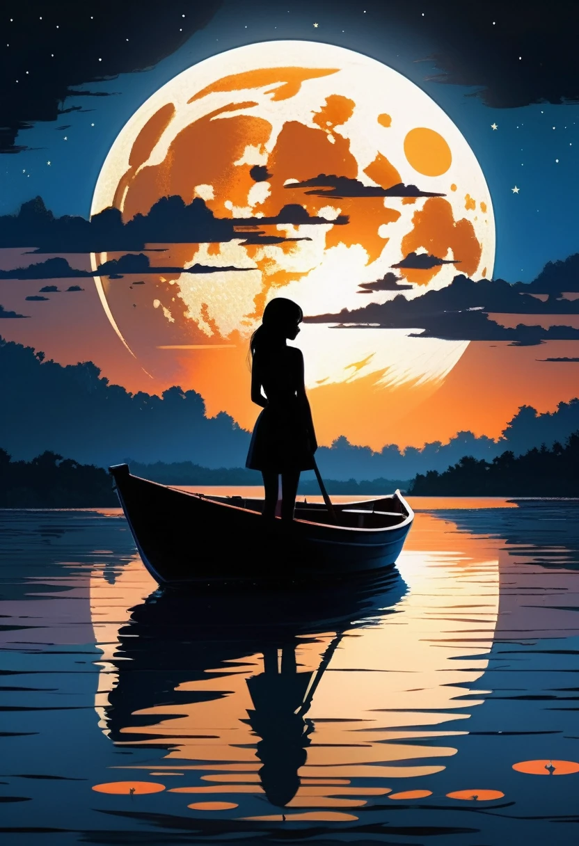 (moon confession) the dark silhouette of a girl in a boat at night against the background of a large moon, the water surface, (the work of Ilya Kuvshinov and Mikhail Khokhlachev) ((best quality)), ((masterpiece)), ((realistic)), (extreme detailing), ((perfect))