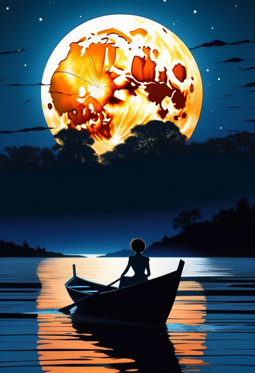 (moon confession) the dark silhouette of a girl in a boat at night against the background of a large moon, the water surface, (the work of Ilya Kuvshinov and Mikhail Khokhlachev) ((best quality)), ((masterpiece)), ((realistic)), (extreme detailing), ((perfect))
