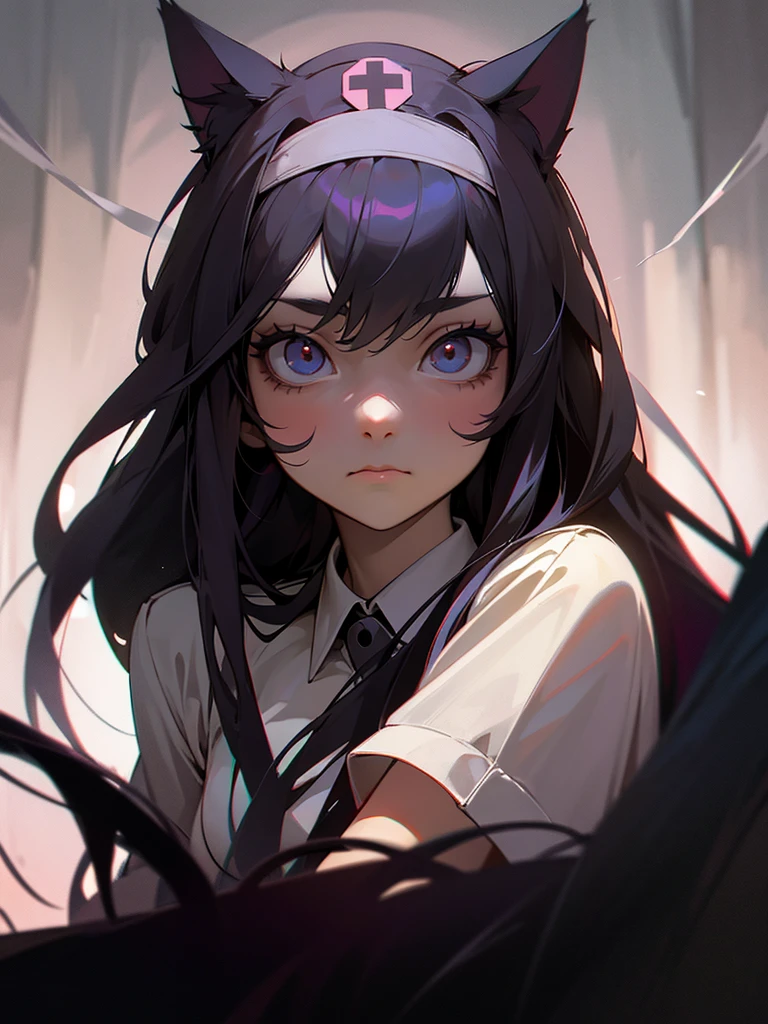Long Hair, low-tied Long Hair, Nurse cap, eyeball, Big eyes, Cat ear, compensate, Surrealism, Surrealism, modern art, realism, image debtill, silhouette, Chiaroscuro, debtirst-person view, debt/1.8, Ultra-high resolution, masterpiece, 16K, 8k