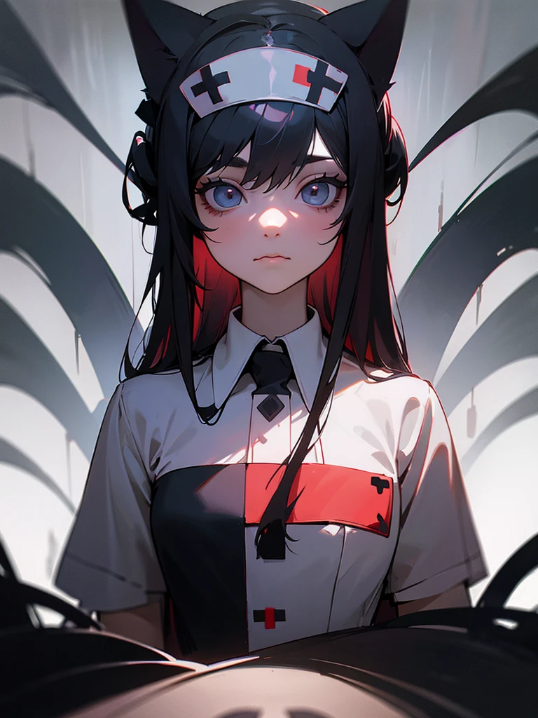 Long Hair, low-tied Long Hair, Nurse cap, eyeball, Big eyes, Cat ear, compensate, Surrealism, Surrealism, modern art, realism, image debtill, silhouette, Chiaroscuro, debtirst-person view, debt/1.8, Ultra-high resolution, masterpiece, 16K, 8k