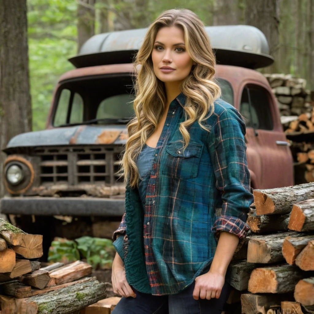 cabin in the woods, front porch, wood pile, rusty truck on cinderblocks, woodburning stove, dense trees, dark woods, large oak trees, moss, (Beautiful woman, plaid long-sleeved flannel shirt, long wavy blonde hair, detailed hands, detailed eyes), 