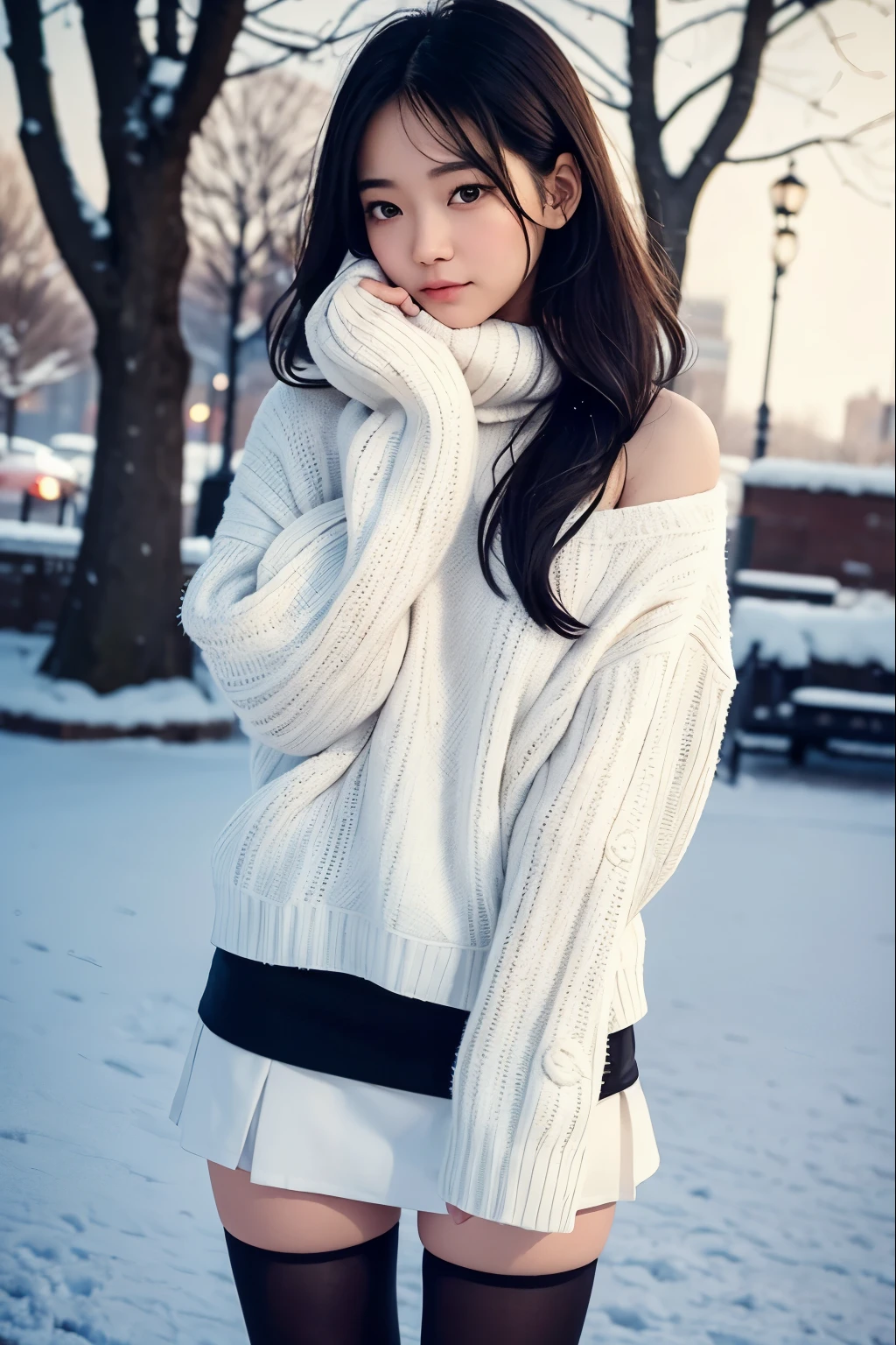 An ordinary-looking girl who looks pretty cute.Height is about 165cm.Has shoulder-length black hair.Wearing a white pullover sweater.Wearing thick stockings and short skirt on the lower body.Standing in the snow in Park Square.But I feel a little afraid of the cold in the cold wind.So she put her hands together in front of her nose and breathed to keep warm..