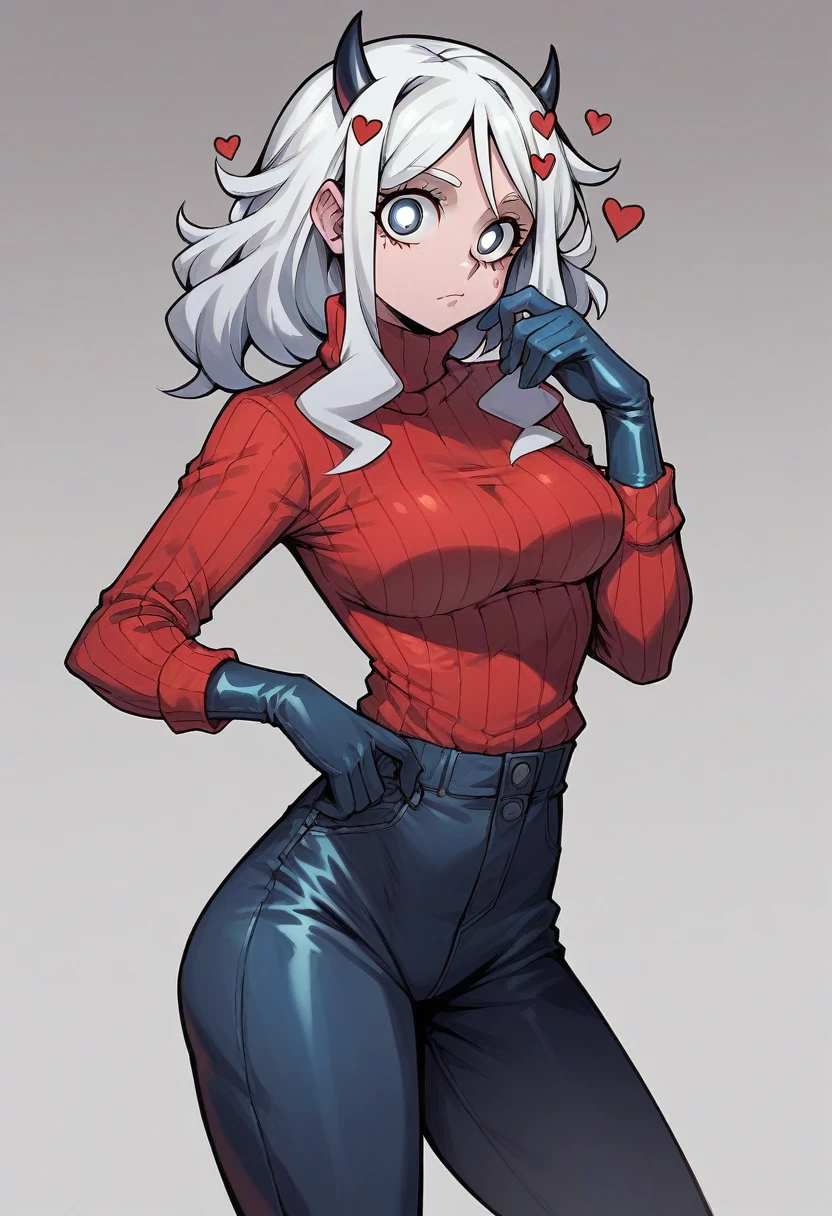 1girl, modeus \(helltaker\), ((blue elbow gloves)), ((surgical gloves)), ((latex gloves)), (red sweater), (((long sleeves))), (pants), looking at viewer, standing, solo
