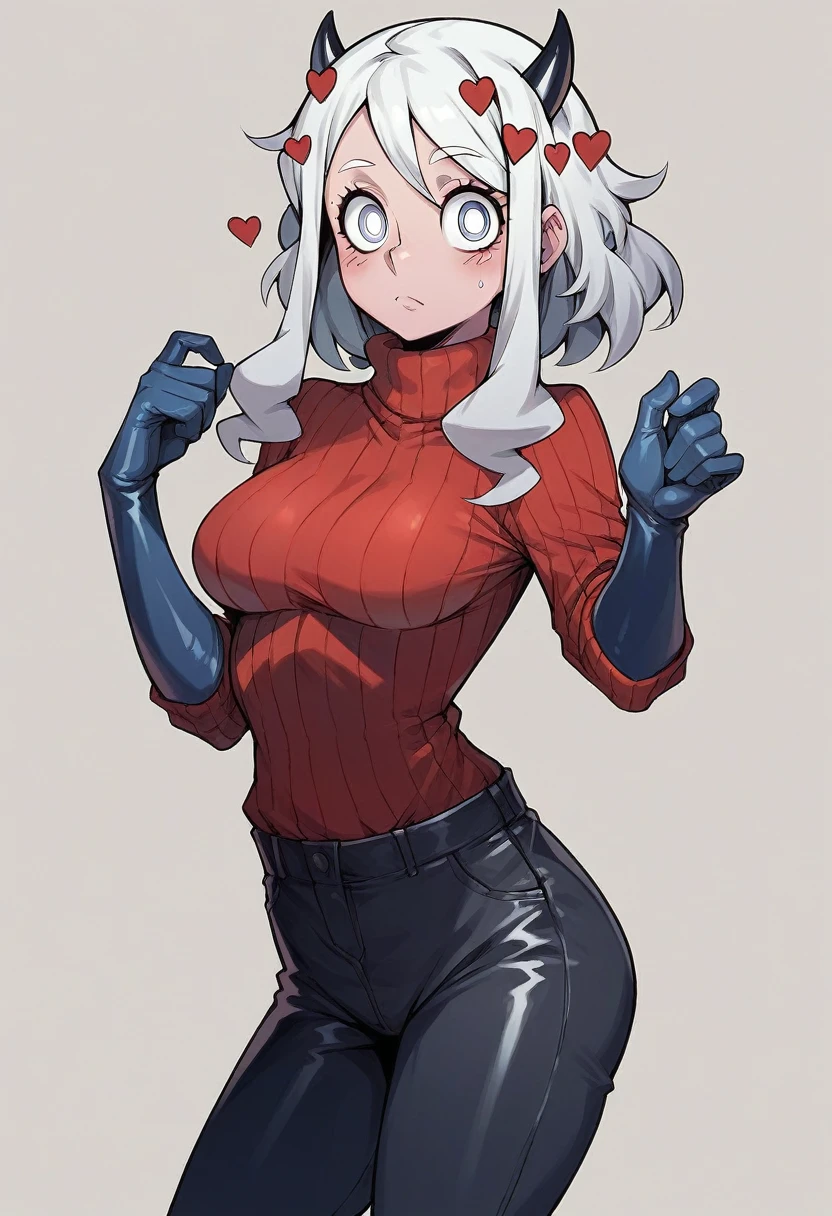 1girl, modeus \(helltaker\), ((blue elbow gloves)), ((surgical gloves)), ((latex gloves)), (red sweater), (((long sleeves))), (pants), looking at viewer, standing, solo
