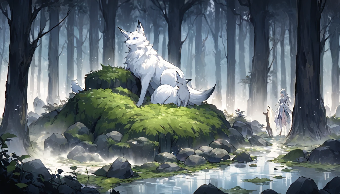 In the forest on a hazy moonlit night、The moment when a beautiful white fox transforms into a human woman、Surrounded by fantastic light、In the background, old trees stand tall.、The fog rolls in、Mossy stones are laid out at the feet