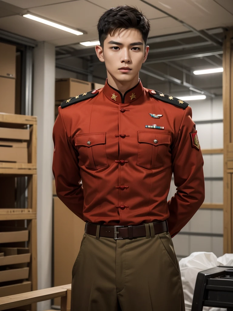 1 Handsome chinese slim guy, 20 years old, Hair combed smoothly, handsome red soldier，Wearing a red camouflage shirt，wearing red military uniform, rugged red soldier, Wear red pattern camouflage clothing， majestic，Who is Shi Yu?, Li Yuanbin, Kim Hyung Tae, Kim Hyung Tae, Yin Shishan, Handsome Chinese muscular guy，Broad shoulders and narrow waist，A handsome man wearing a red camouflage military uniform and a belt，Form-fitting fabric contours the bust，in a remote warehouse，hands tied behind back，Hands tied behind the back，hands tied behind back，Masculine and sexy，High，Muscles look good，hairy body，Wheat complexion，black eyes（thin eyes 1：3），whole body image