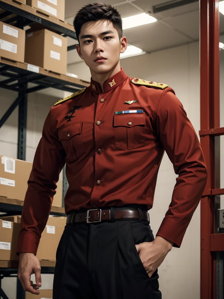 1 Handsome chinese slim guy, 20 years old, Hair combed smoothly, handsome red soldier,Wearing a red camouflage shirt,wearing red military uniform, rugged red soldier, Wear red pattern camouflage clothing, majestic,Who is Shi Yu?, Li Yuanbin, Kim Hyung Tae, Kim Hyung Tae, Yin Shishan, Handsome Chinese muscular guy,Broad shoulders and narrow waist,A handsome man wearing a red camouflage military uniform and a belt,Form-fitting fabric contours the bust,in a remote warehouse,hands tied behind back,Hands tied behind the back,hands tied behind back,Masculine and sexy,High,Muscles look good,hairy body,Wheat complexion,black eyes(thin eyes 1:3),whole body image