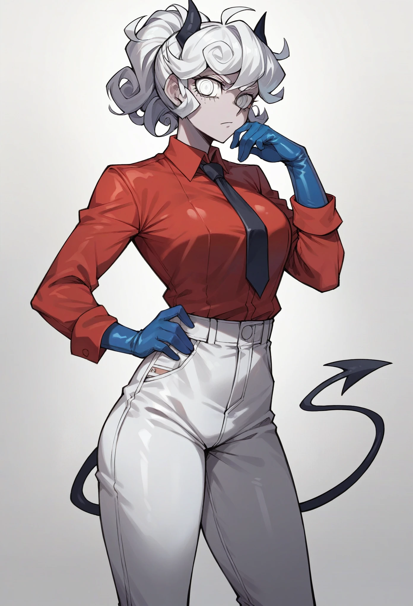 1girl, pandemonica \(helltaker\), ((blue elbow gloves)), ((surgical gloves)), ((latex gloves)), (red shirt), (((long sleeves))), (tie), (pants), looking at viewer, standing, solo