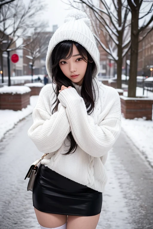 One who is not very beautiful.But she looks pretty cute.Height is about 165cm.Has shoulder-length black hair.Wearing a white pullover sweater.Wearing thick stockings and short skirt on the lower body.Standing in the snow in Park Square.But I feel a little afraid of the cold in the cold wind.So she put her hands together in front of her nose and breathed to keep warm..