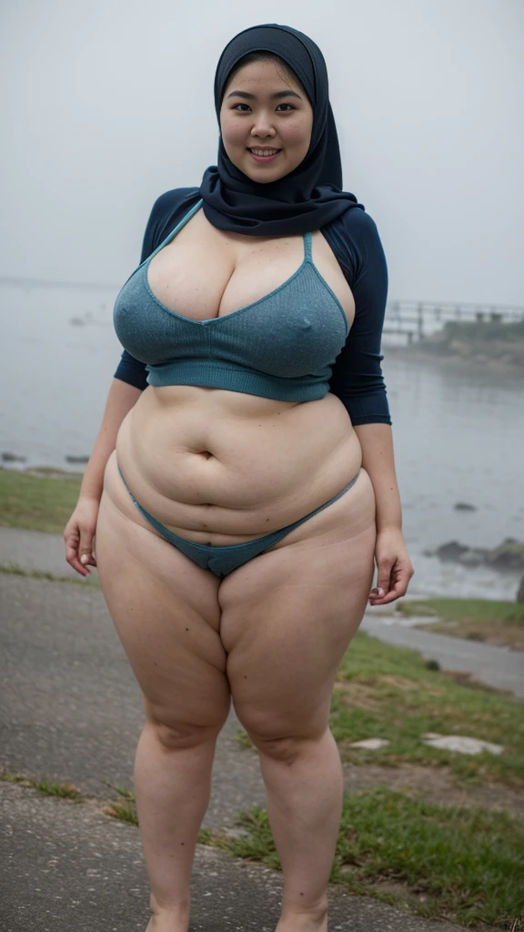 Raw, bestquality, masterpiece, Ultra-realistic, ultra-detailed, korean, chubby, beautiful plump body woman wearing a hijab, wearing a tight knitted tank top, no pants, exposing ass, stockings, big breasts, smiling sweetly, ultra details, standing at watery village, foggy weather 