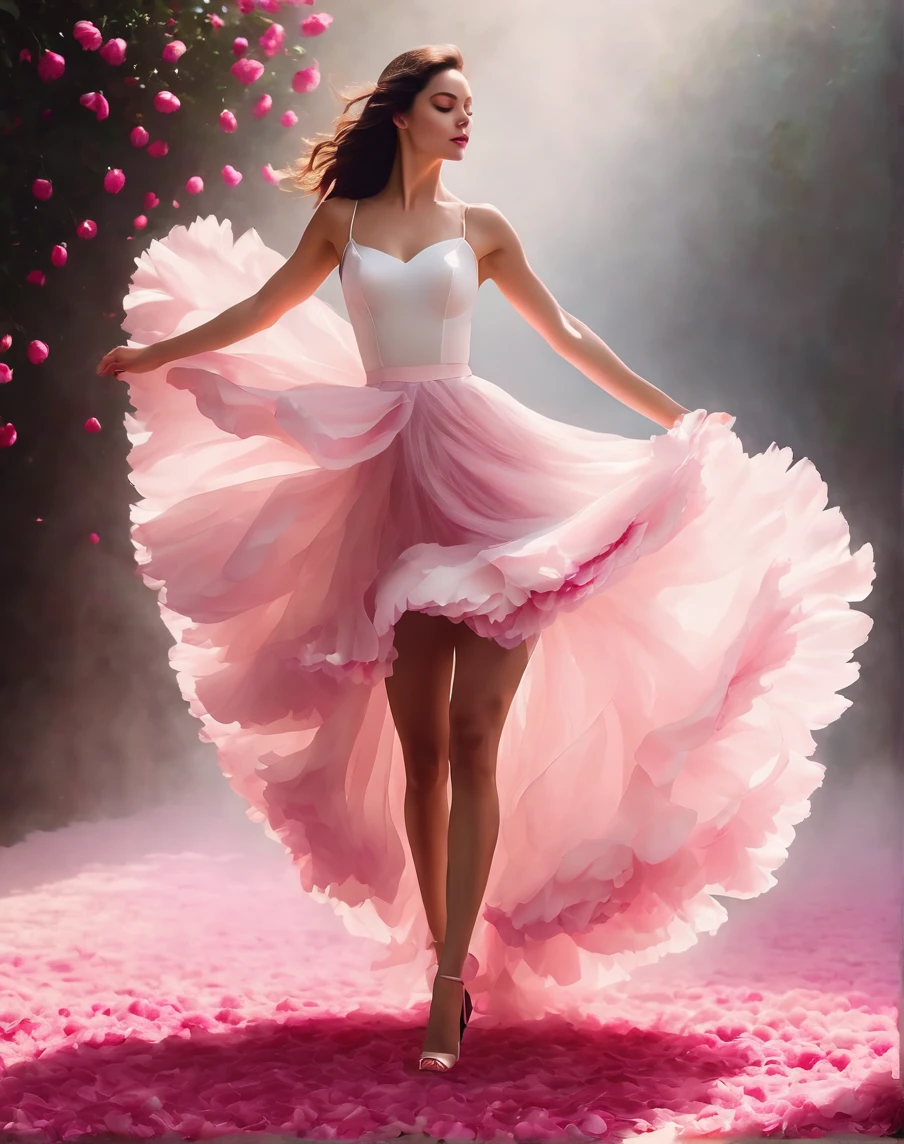  
full length, graceful figure, Beautiful legs, dance pose, brunette, Beautiful face,  light white tones, Esbian Full Body, White background, daylight, Efeito de Luz, minimalist, Solar, pure tenderness, soft lighting, Realism, woman, which (collarbone, shoulders) posing with his back (prays and stands) on a super-giant petal of a dark blue iris flower with double and long petals (petals made of thin, soft gauze cloth, full background of many flowing transparent blue petals, floating flower, in her hand there is a long stem above her head, huge giant blue iris flower, over her head,  Smoke effect, fog, mixed with blue iris petals), fluffy skirt made of blue iris flower petals,, ((ss-through)). ReV Animated