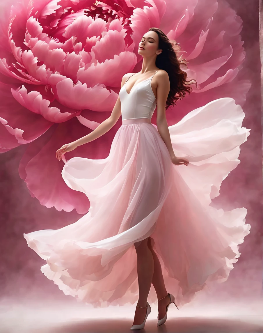  
full length, graceful figure, Beautiful legs, dance pose, brunette, Beautiful face,  light white tones, Esbian Full Body, White background, daylight, Efeito de Luz, minimalist, Solar, pure tenderness, soft lighting, Realism, woman, which (collarbone, shoulders) posing with his back (prays and stands) on a super-giant petal of a dark blue iris flower with double and long petals (petals made of thin, soft gauze cloth, full background of many flowing transparent blue petals, floating flower, in her hand there is a long stem above her head, huge giant blue iris flower, over her head,  Smoke effect, fog, mixed with blue iris petals), fluffy skirt made of blue iris flower petals,, ((ss-through)). ReV Animated