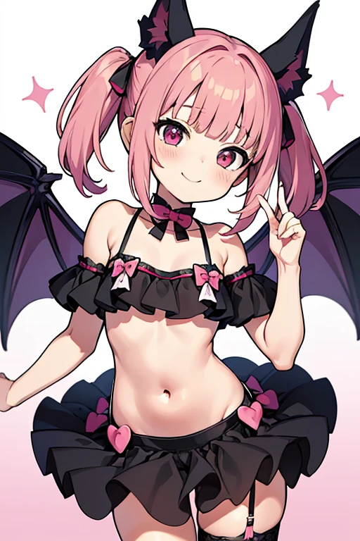 (masterpiece,best quality,ultra-detailed), an anime girl who is 7 years old mischievous and sweet succubus. She has candy pink short hair with m-shaped bangs and twin ponytails, ruby oval eyes, fruit bat ears and wings, wearing succubus lace lingerie, pose playfully, smile playfully, look at viewer