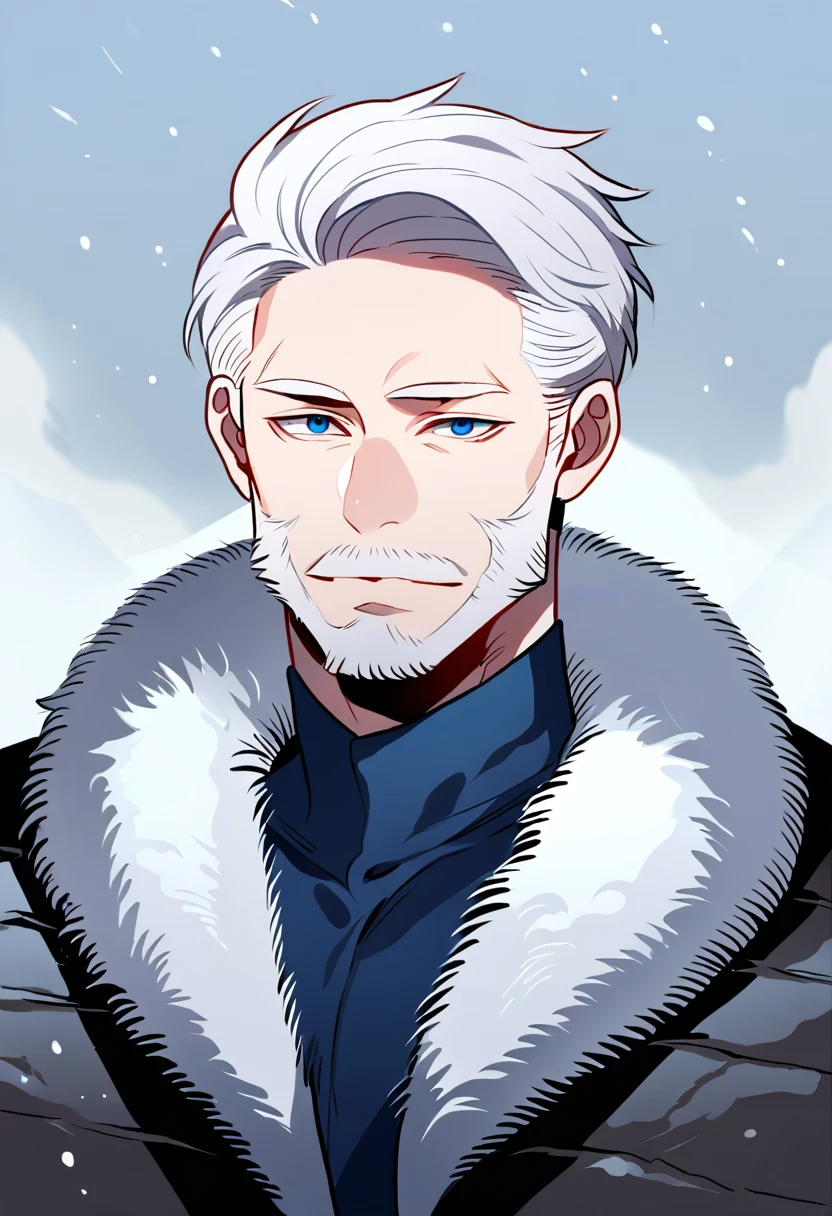 score_9, score_8_up, score_7_up, score_6_up, score_5_up, score_4_up, fr0stwrld, snow, ice BREAK
human, male, upper body, white hair, blue eyes, looking at viewer, mouth closed, beard, white beard, fur coat