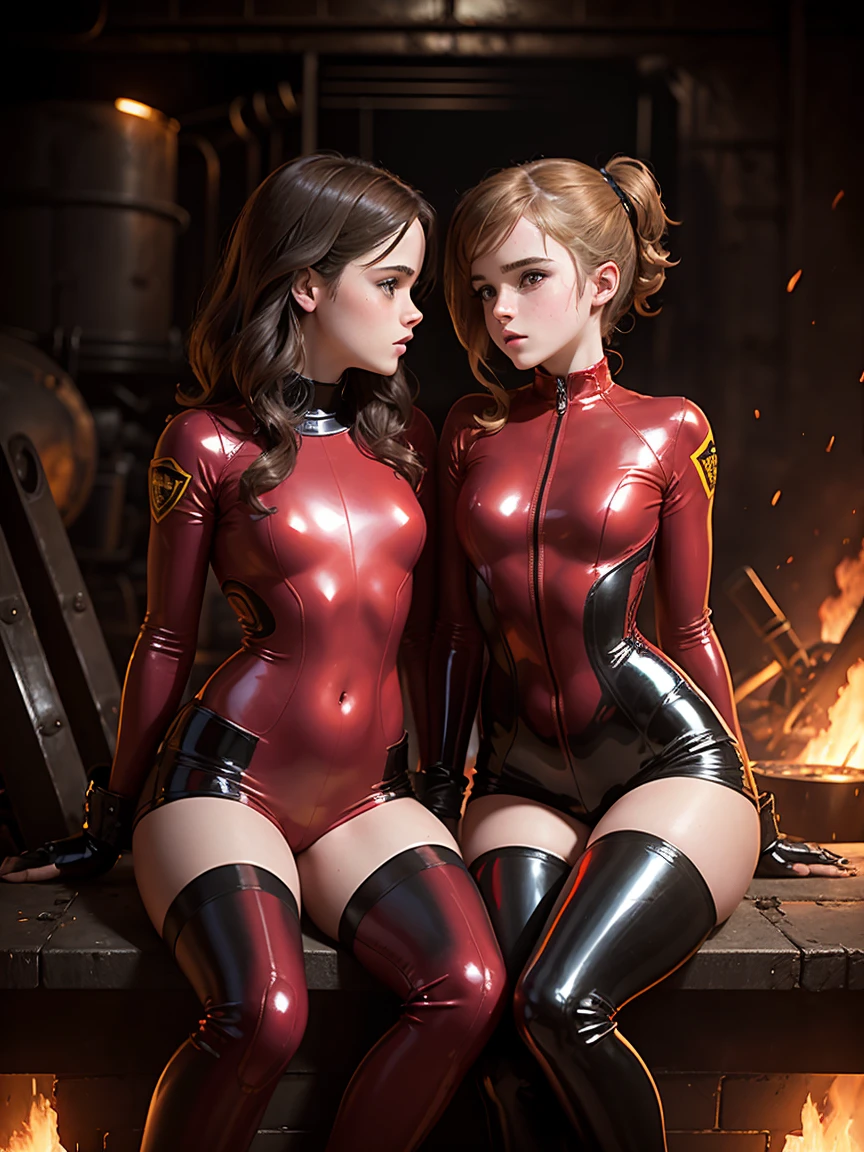 emma watson as two sexy firefighter girls sitting on a fence. tight intricate bodysuit. red latex shorts. slender body. open legs. inside dark metal factory. dark background, furnace. goggles. kissing.