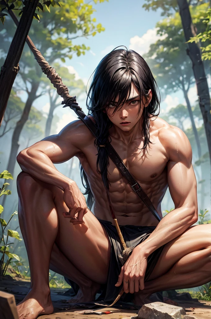 Best image quality, threaten, Holding a spear, primitive, Spread your legs, Primary forest, In underwear, ""Primitive clothing"", male, Black Hair, paint