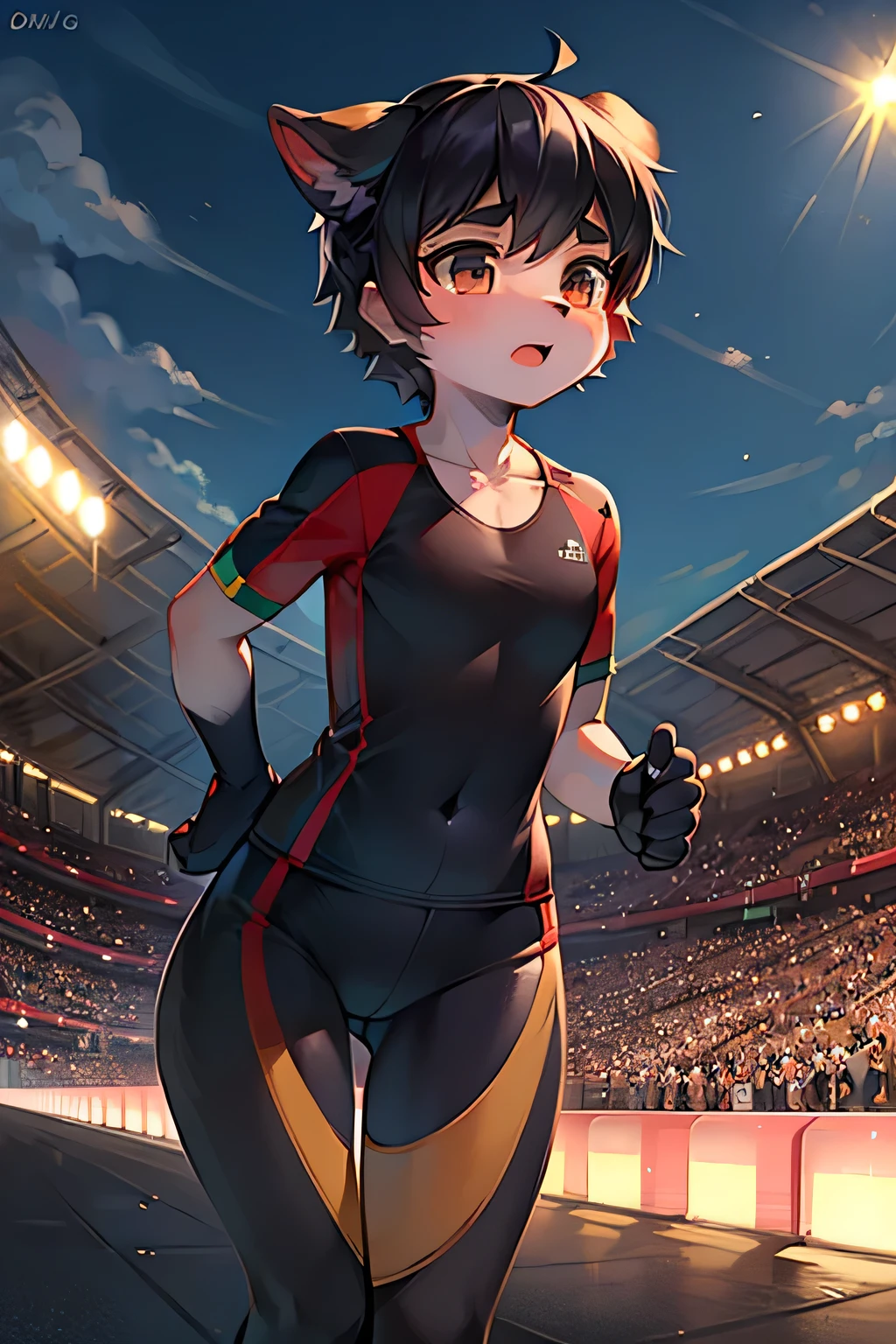 dog,runner,cute,girl,Olympic,running,Finish,masterpiece,best quality,super fine illustration,super detailed,Black Hair,short hair,Thick eyebrows