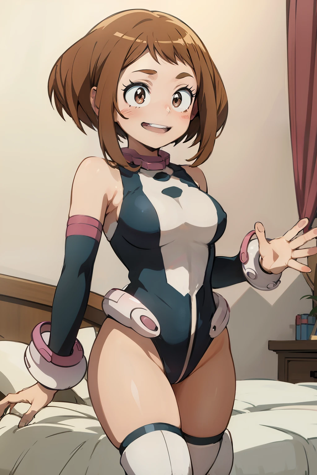 Ochaco Uraraka  ,1girl , anime , masterpiece  ,  smug smile ,short hair, uniforme  leotard thong  , medium  breasts , coxas , bedroom , sexy 