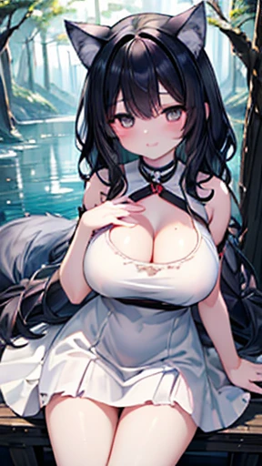 Highest quality、Best image quality、masterpiece、(((18 year old wolf girl、Large Breasts像、Beautiful dark eyes、Short wavy black hair))、(((White Dress)))、Large Breasts、Sexy Body、Cleavage、((Forest Lakeside))、juicy thighs