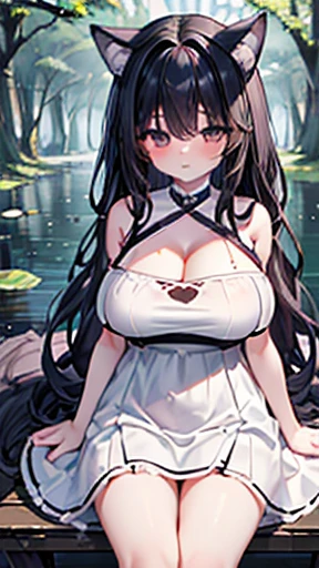 Highest quality、Best image quality、masterpiece、(((18 year old wolf girl、Large Breasts像、Beautiful dark eyes、Short wavy black hair))、(((White Dress)))、Large Breasts、Sexy Body、Cleavage、((Forest Lakeside))、juicy thighs