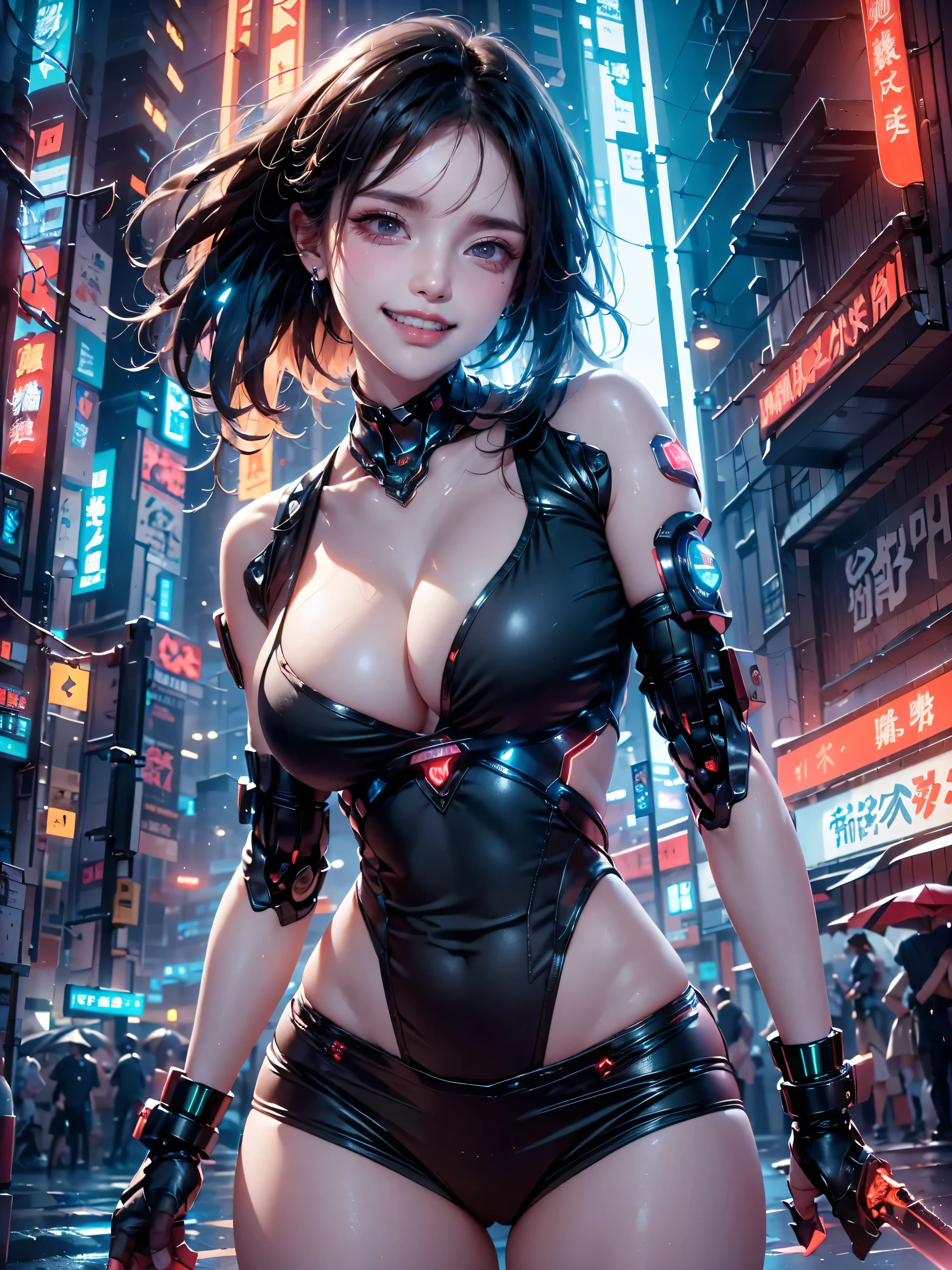 ((16K)),((masterpiece:1.3)), ((Highest quality)), ((Ultra-high resolution)), (Very detailed), (Realistic, photoRealistic:1.4), Perfect lighting,((Side light)), Written boundary depth, Surrealism,photo shoot, No makeup, Film Grain, chromatic aberration, Sharp focus, Face Light,((Beautiful detailsまでこだわった髪)),((Beautiful eyelashes)), Beautifully detailed face, Beautiful details, Beautiful clavicle, Beautiful body, Thin legs,Beautiful breasts, Pointed Chest,Beautiful legs, ((Detailed and carefully drawn hand)), Cleavage, Perfect Anatomy, Supermodel with a long neck,((Skinny1.3)),23 years old,Looking into the camera,(Perfect Anatomy,Anatomically correct, Very detailed肌), Glowing Skin,((beautiful girl:1.1)),(( large breasts :1.5)),((Mid-length hair:1.4, Wavy Hair:1.2, Black Hair)),((See-through bangs:1.2)),Dainty facial structure,((Smiling happily and showing your teeth:1.4)),((whole body: 1.5)), ((Pointing the sword at the viewer:1.7)),((sword:1.4)),((A robotic heroine at the forefront of cyberpunk:1.3)),((Caught in the chaos of war:1.4)),((Neon-lit battlefield:1.4)),((Plasma Bullet:1.4)),((Combat Cyberpunk Enemies:1.3)),(Glass cover reflects flickering light),((Cinematic camera angles)), (Don a futuristic ensemble with cyberpunk-inspired clothing,incorporating sleek lines and high-tech details)), A fierce battle scene set in a cyberpunk Tokyo. Skyscrapers line the background, with neon lights and holographic advertisements illuminating the scene. Characters are engaged in combat with futuristic weapons. Rain is pouring down, reflecting neon lights off the wet streets. The protagonist is a cybernetically enhanced warrior, fighting against a similarly advanced rebel fighter. The battle is intense, with energy weapons and swords clashing, and explosions occurring. The atmosphere is dark and colorful,((wide angle:1.7)),((from below:1.3)),