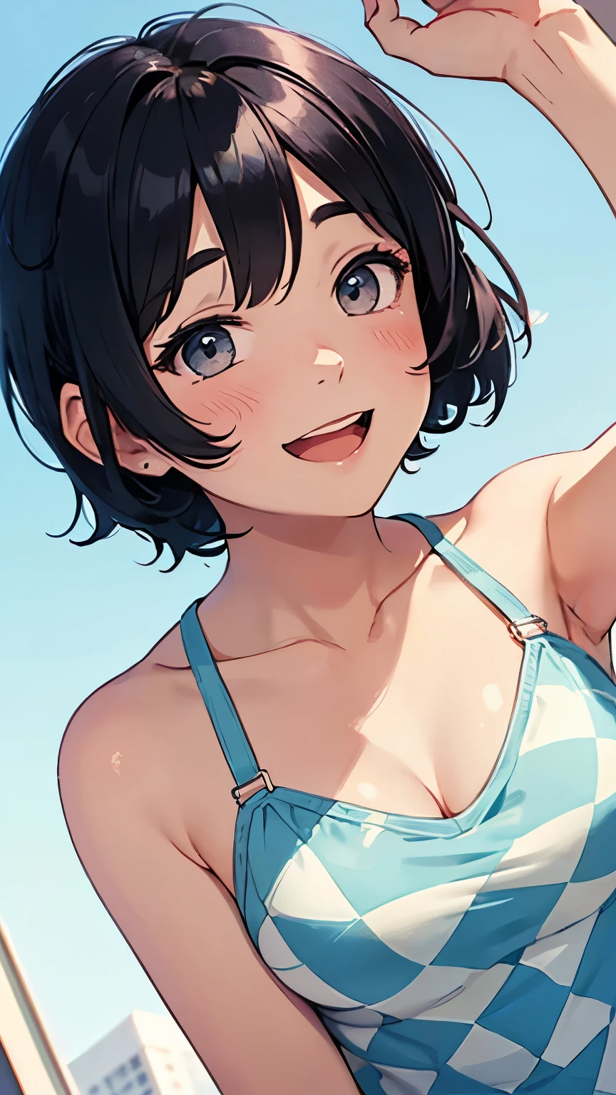 A sweet, feminine expression, a soft expression, an excited face, blue-black hair, short permed hair parted in front, a checkered camisole, pastel colors, looking up