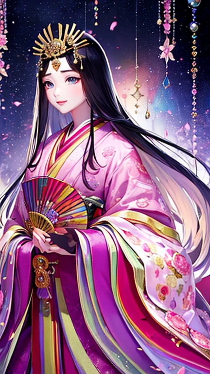 (Highest quality、 8k 、masterpiece、High resolution)、Heian period、A beautiful young woman from the nobility、、(Straight hair、Long, beautiful black hair),(Beautiful Face、Beautiful eyes、A neat nose、Pretty lips)、A friendly gaze、Faint smile、(Silver、gem、Ivory hairpin、Headdress)、(12 Single layer kimono、Mainly light pink Many colors Vibrant colors The beauty of layered colors),背景はHeian periodの建物、Official Art、Detailed CG、