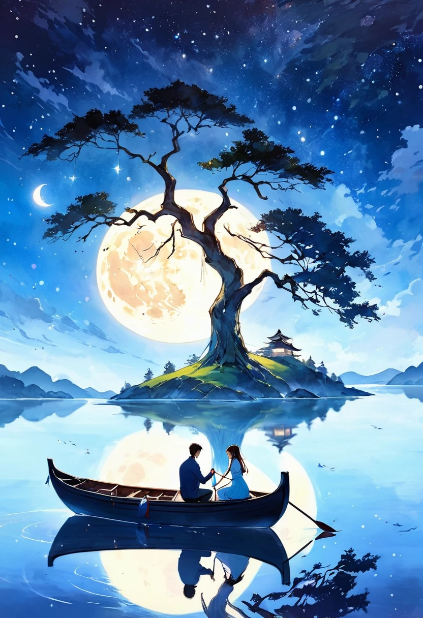 (best quality, high resolution, watercolor, Create a peaceful night scene，, An island of tranquility, Reflecting Lake. There should be a leafy tree on the island, Position slightly off center. The branches should be slightly bent, Some leaves gently fall, adding to the serene ambiance.under the tree, depict a Romantic moment between a couple. Men should kneel down, Take out a ring or small object, Like a marriage proposal. Women should stand before him, Lean forward slightly, May accept the offer. Their figures should be outlines, Contrast with bright background.The night sky should be clear，Full of twinkling stars. Large scale, A bright full moon will dominate the scene, positioned behind Couple and the tree, Casting Soft, A blue light hangs over everything. Moonlight should create long-lasting, Soft reflections of trees, Couple, And islands on the water.Right side of the island, Includes a small wooden rowing boat, Floating on calm waters. The boat should also have an outline, There is a slight reflection on the water.The overall color tone should be mainly dark blue and black, The moon brings soft, The ethereal light that illuminates the entire scene. The atmosphere should be calm, Romantic, A bit mysterious, Focus on the stillness and intimacy of the present moment