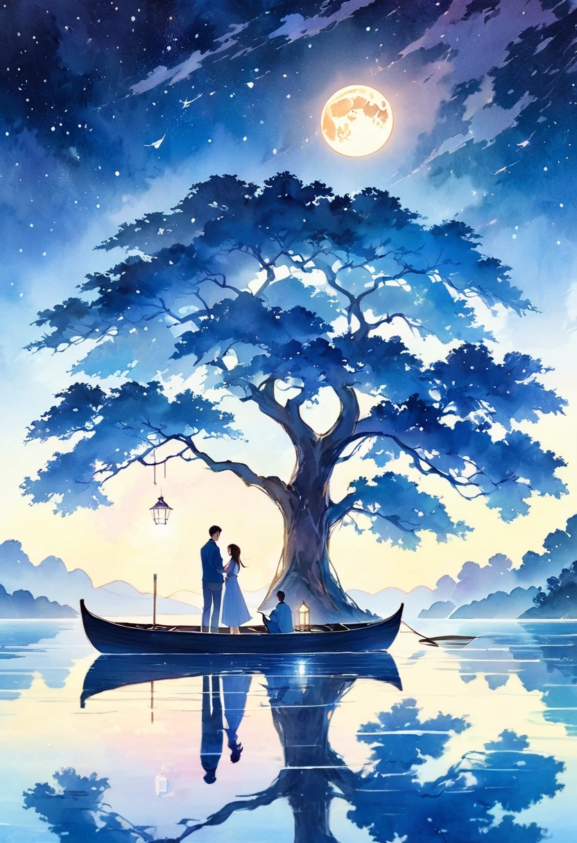(best quality, high resolution, watercolor, Create a peaceful night scene，, An island of tranquility, Reflecting Lake. There should be a leafy tree on the island, Position slightly off center. The branches should be slightly bent, Some leaves gently fall, adding to the serene ambiance.under the tree, depict a Romantic moment between a couple. Men should kneel down, Take out a ring or small object, Like a marriage proposal. Women should stand before him, Lean forward slightly, May accept the offer. Their figures should be outlines, Contrast with bright background.The night sky should be clear，Full of twinkling stars. Large scale, A bright full moon will dominate the scene, positioned behind Couple and the tree, Casting Soft, A blue light hangs over everything. Moonlight should create long-lasting, Soft reflections of trees, Couple, And islands on the water.Right side of the island, Includes a small wooden rowing boat, Floating on calm waters. The boat should also have an outline, There is a slight reflection on the water.The overall color tone should be mainly dark blue and black, The moon brings soft, The ethereal light that illuminates the entire scene. The atmosphere should be calm, Romantic, A bit mysterious, Focus on the stillness and intimacy of the present moment