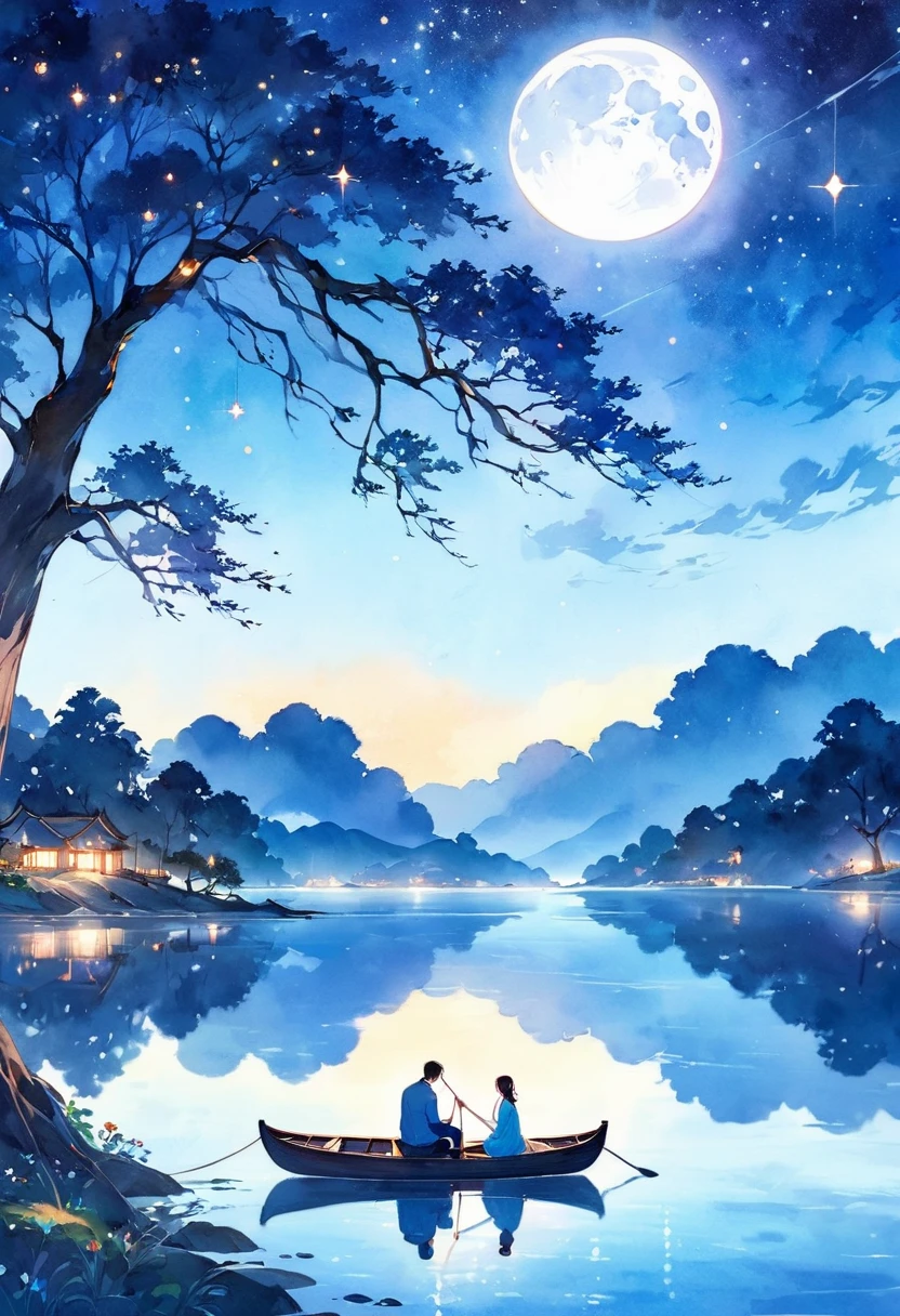 (best quality, high resolution, watercolor, Create a peaceful night scene，, An island of tranquility, Reflecting Lake. There should be a leafy tree on the island, Position slightly off center. The branches should be slightly bent, Some leaves gently fall, adding to the serene ambiance.under the tree, depict a Romantic moment between a couple. Men should kneel down, Take out a ring or small object, Like a marriage proposal. Women should stand before him, Lean forward slightly, May accept the offer. Their figures should be outlines, Contrast with bright background.The night sky should be clear，Full of twinkling stars. Large scale, A bright full moon will dominate the scene, positioned behind Couple and the tree, Casting Soft, A blue light hangs over everything. Moonlight should create long-lasting, Soft reflections of trees, Couple, And islands on the water.Right side of the island, Includes a small wooden rowing boat, Floating on calm waters. The boat should also have an outline, There is a slight reflection on the water.The overall color tone should be mainly dark blue and black, The moon brings soft, The ethereal light that illuminates the entire scene. The atmosphere should be calm, Romantic, A bit mysterious, Focus on the stillness and intimacy of the present moment