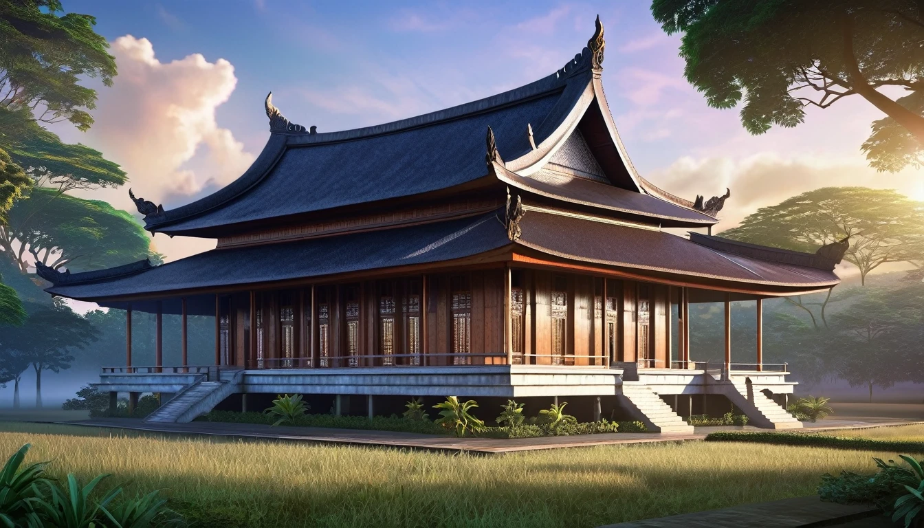 concept art of a magnificent traditional building. typical of Indonesia. The building has artistic and historical value. the glow of the morning sun. strong architecture. (8k, 4k, best quality, highres, ultra high res:1.1) ((best quality)), ((ultra resolution))