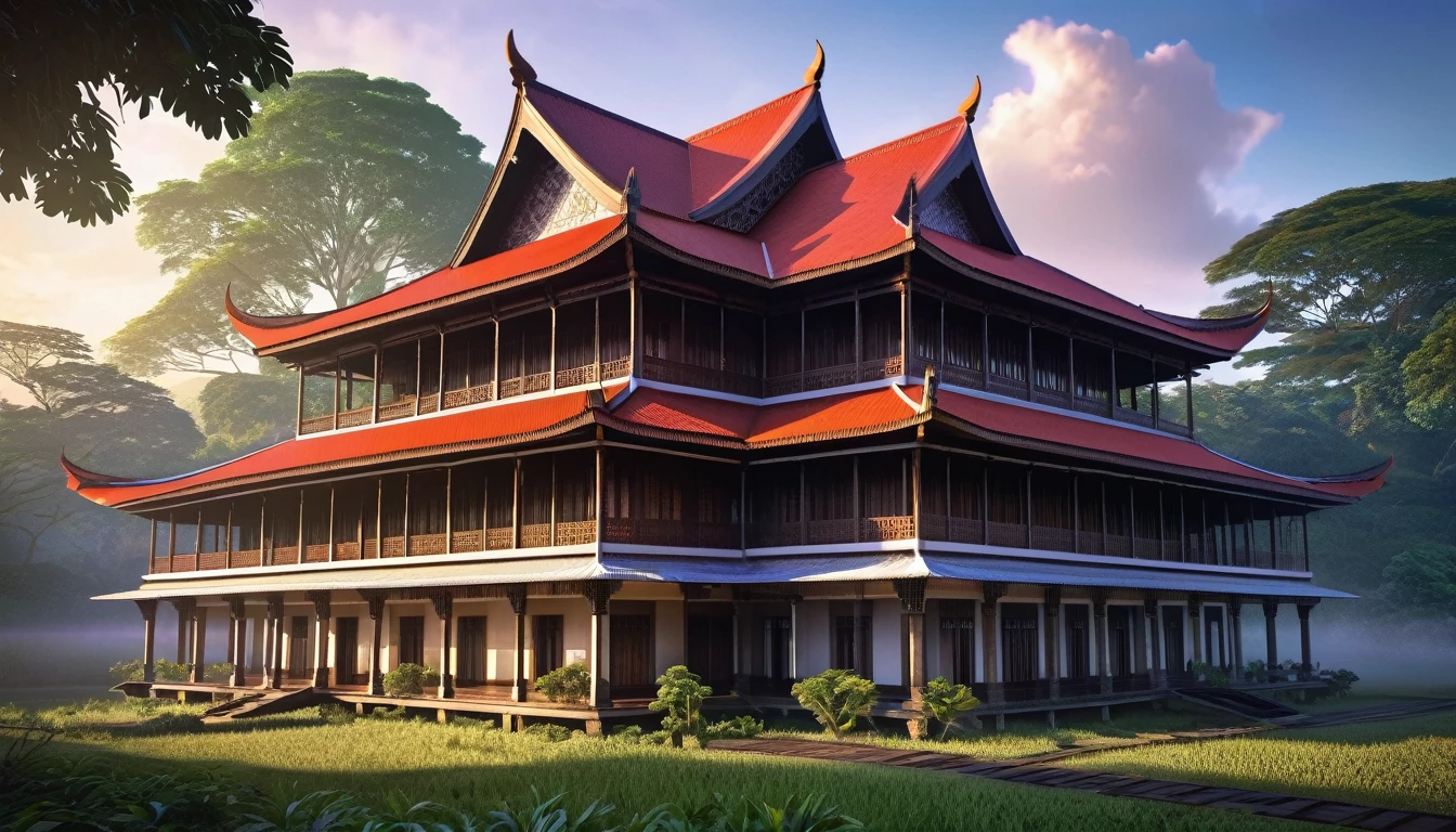 concept art of a magnificent traditional building. typical of Indonesia. The building has artistic and historical value. the glow of the morning sun. strong architecture. (8k, 4k, best quality, highres, ultra high res:1.1) ((best quality)), ((ultra resolution))
