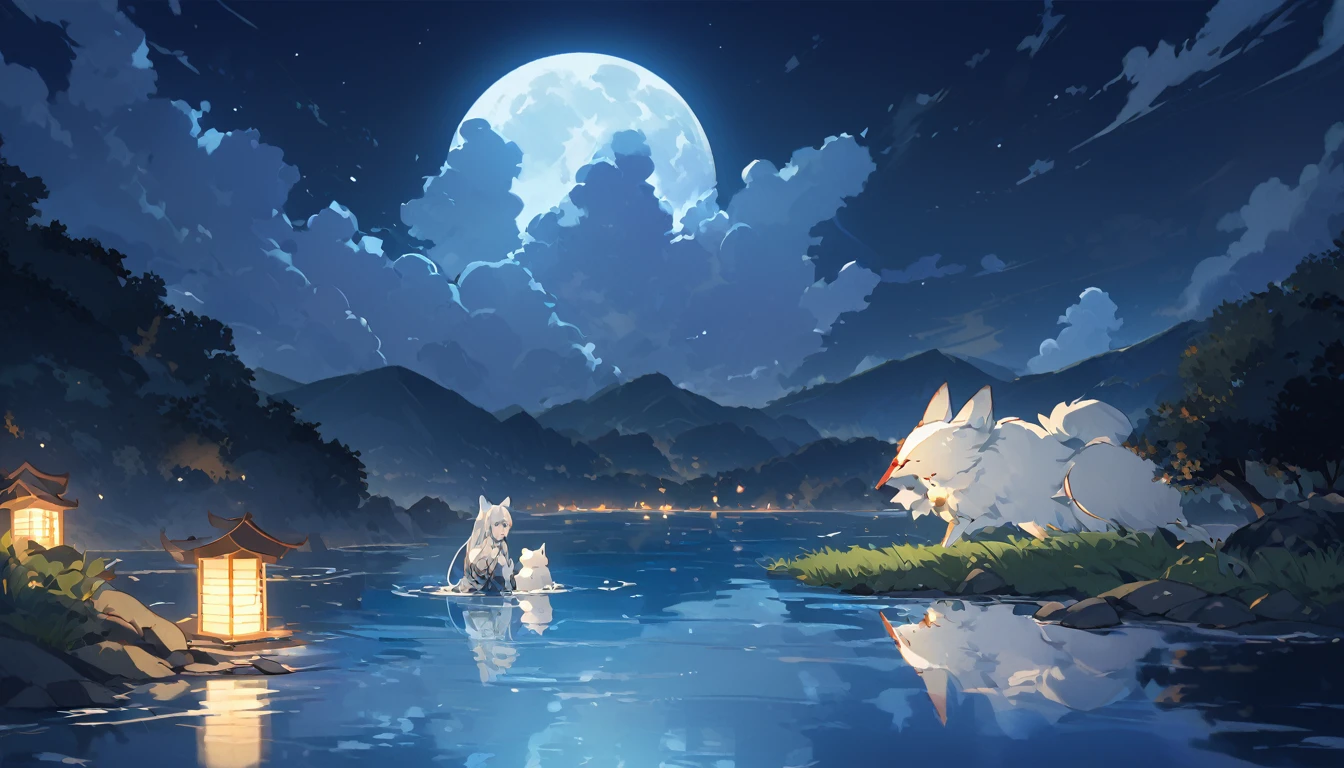 Under the moonlight、A scene of Abe no Seimei and his mother, the white fox, quietly confronting each other.、A tranquil lake spreads out in the background.、The moonlight is reflected on the water