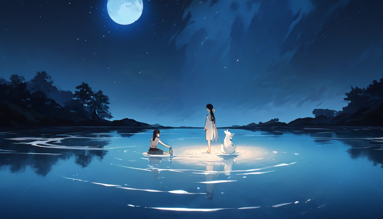 Under the moonlight、A scene of Abe no Seimei and his mother, the white fox, quietly confronting each other.、A tranquil lake spreads out in the background.、The moonlight is reflected on the water