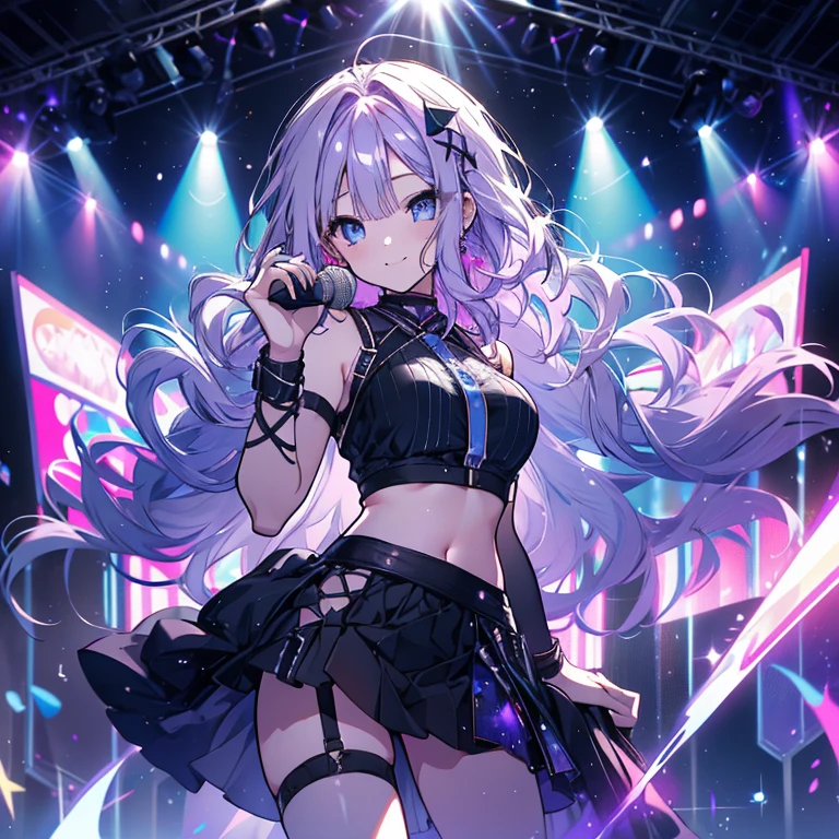 1 girl、Mature、Ample breasts、Long Hair、Blue Eyes、Light purple hair、Beautiful smile、Wavy Hair、Black Dress、Shoulder Bare、Belly button、Diva、Miniskirt、garter、Hold the microphone、sing、Live Stage、Spotlight、Starry Sky、Galaxy、prism、Penlight、High resolution、Highest quality