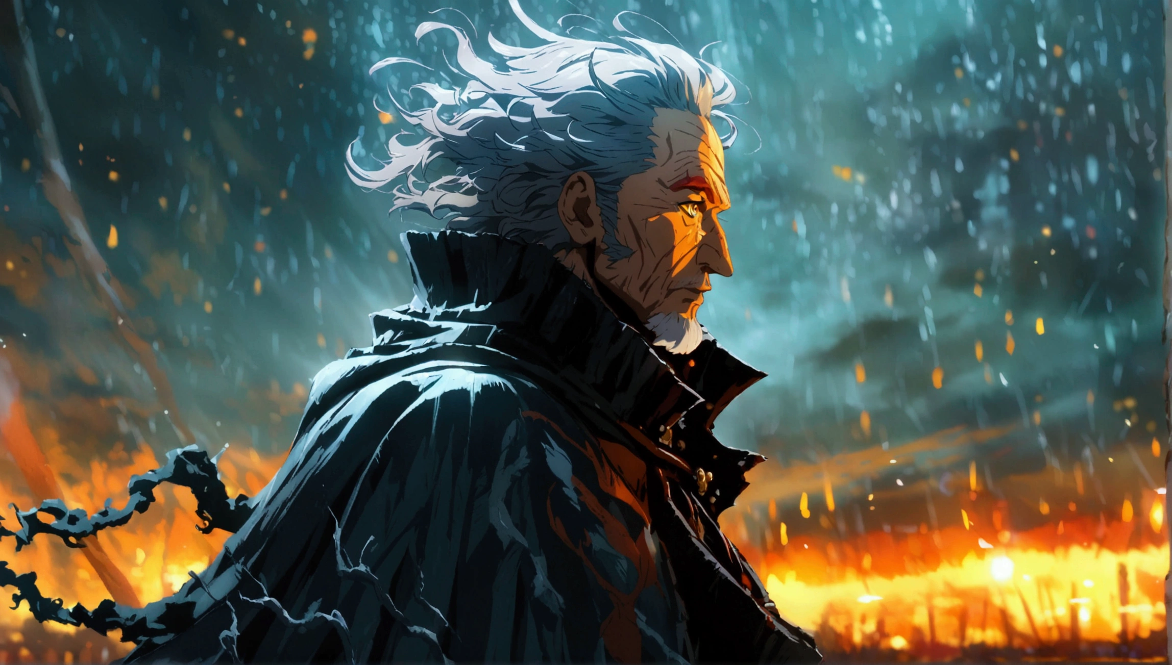 Old man, scarred body, gray hair standing on end, large coat with high collar in the style of an assassin, dark night scenery, "Anime character design inspired by One Piece, dramatic and impressive lighting, centralized character, impressive face, full of creative details, ultra-fine 2D design, scenery bathed in creativity, boasting 2D anime resolution clarity, HD anime graphics, high-octane rendering"