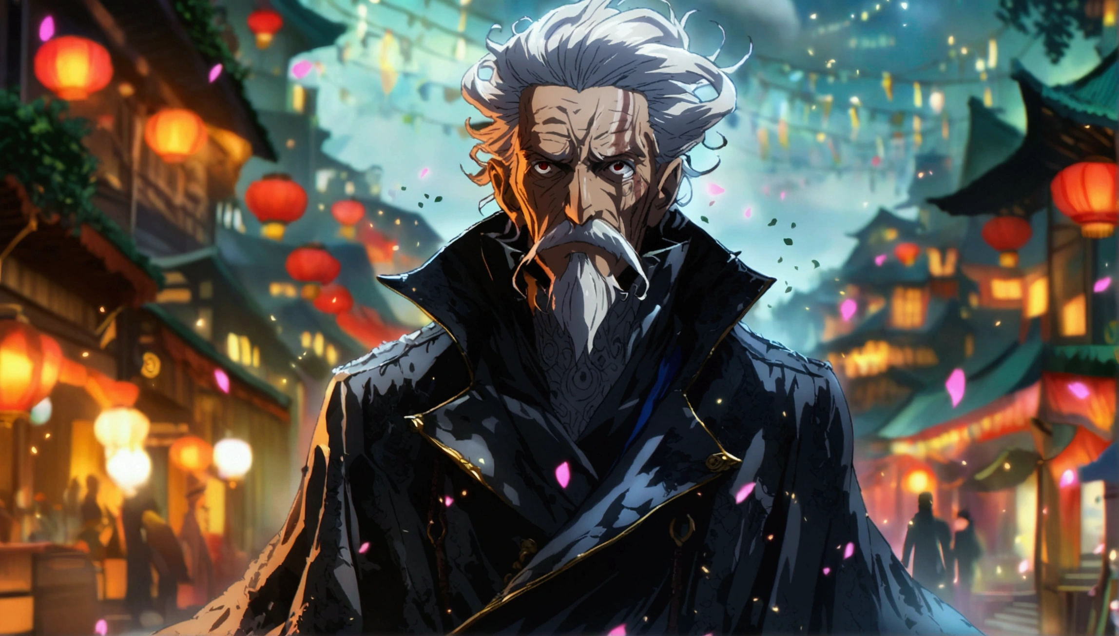 Old man, scarred body, gray hair standing on end, large coat with high collar in the style of an assassin, dark night scenery, "Anime character design inspired by One Piece, dramatic and impressive lighting, centralized character, impressive face, full of creative details, ultra-fine 2D design, scenery bathed in creativity, boasting 2D anime resolution clarity, HD anime graphics, high-octane rendering"